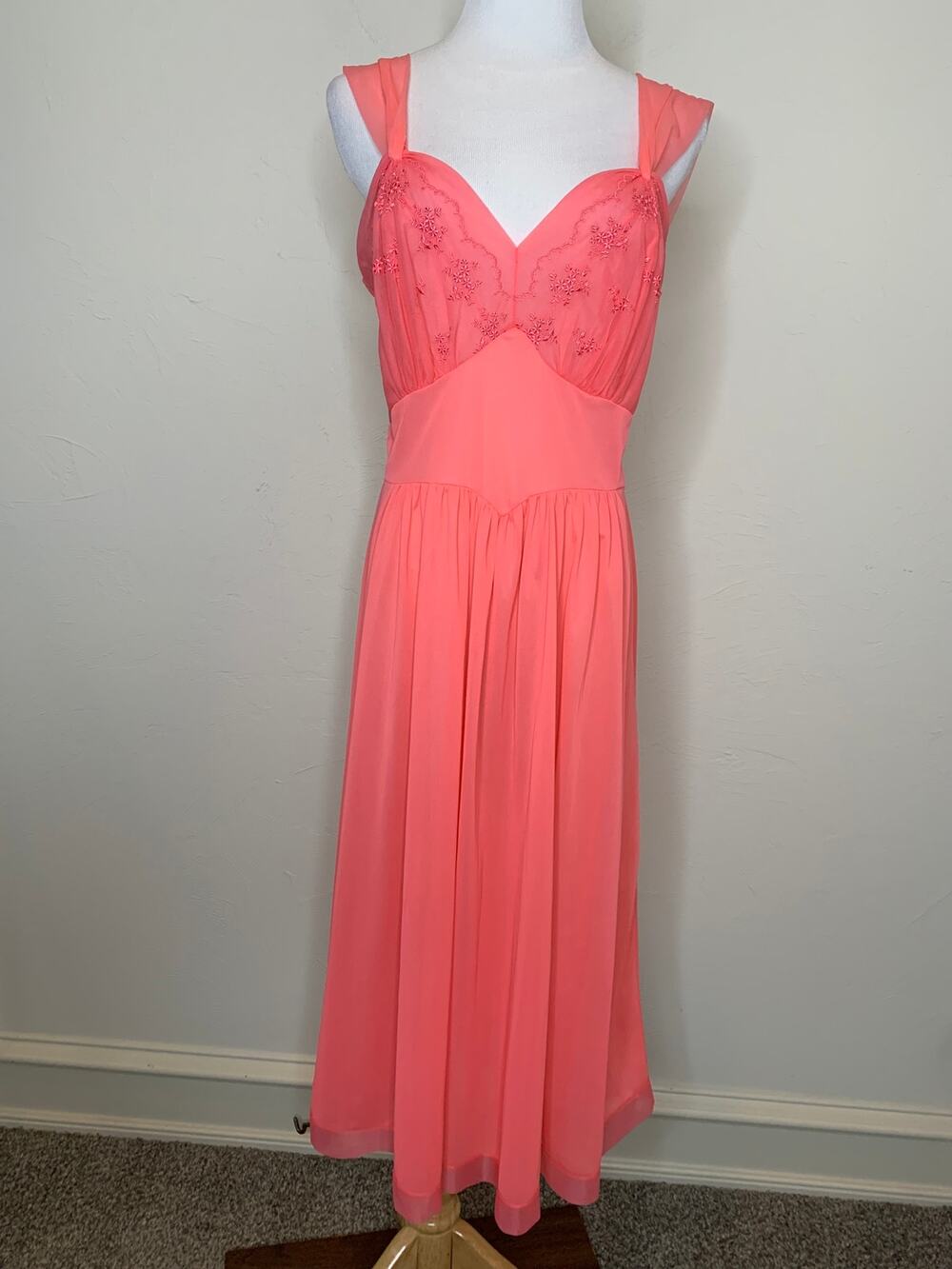 50s Vanity Fair Coral Nylon Chiffon Nightgown Slip Sz 38
